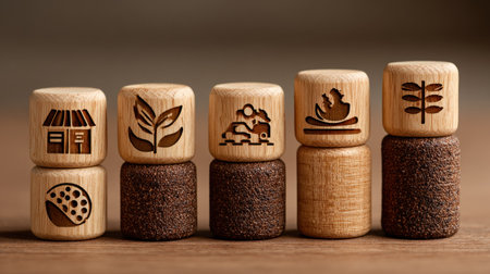 Five wooden blocks are presented, each featuring engraved symbols depicting nature and architecture. The blocks are stacked, with light and dark brown tones, and set against a neutral backdrop. The composition suggests potential applications in conceptual designs, educational materials, or commercial illustrations for various purposes.の素材