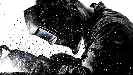 A grayscale image captures a welder at work, manipulating metal with sparks. The subject is wearing a protective mask and gloves, suggesting an industrial setting. The composition emphasizes action and precision, highlighted by the contrast between light and shadow. Suitable for illustrating industry, manual labor, or related concepts.の素材
