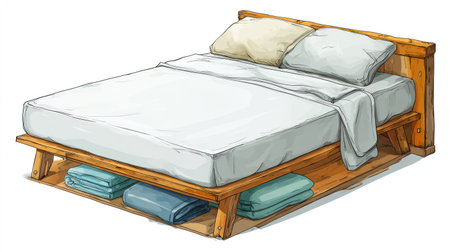 This watercolor illustration depicts a wooden bed with a clean white duvet and two pillows. The artwork features soft, pastel colors, and a slightly textured appearance. The composition highlights the simplicity and comfort associated with the bedroom setting. Suitable for various design projects and editorial content.の素材