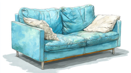 A teal-colored sofa, rendered in a watercolor style, dominates the frame. Two soft, white pillows rest on the cushions. The composition, created with flowing lines and soft textures, may be used for various design, decorative, or home interior projects. The image emphasizes a sense of comfort and relaxation.の素材