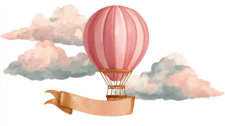 A whimsical illustration features a pink hot air balloon ascending amongst soft, watercolor clouds. The design uses muted pastel colors and textures, suggesting a gentle, dreamy atmosphere. The composition includes an ornamental banner at the bottom. Suitable for design projects, web graphics, or decorative elements.の素材