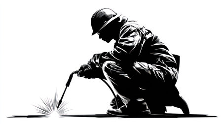A silhouetted welder is depicted kneeling while working, using a torch. The black and white image displays sparks, highlighting the welding process. The composition suggests an industrial or construction setting. This image is suitable for various commercial uses, including illustrations and editorial content.の素材