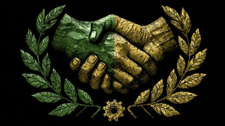 An artistic depiction presents two hands clasped in a handshake, with green and gold tones. The hands are framed by a laurel wreath and a gear-shaped element, all set against a dark background. This composition may symbolize collaboration and agreement. Suitable for various visual communication projects.の素材