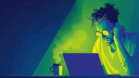 An illustration depicts a person engrossed in work on a laptop, accompanied by a steaming coffee cup. The artwork features a vibrant color palette, with a mix of green, blue, and yellow hues. The composition may be suitable for editorial and commercial projects related to technology and work.の素材