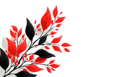 An artistic illustration presents a branch with vividly colored red and black leaves against a clean white backdrop. The composition features a delicate style with light and shadow interplay. This design element could be suitable for various design applications, including graphic design, print materials, or web content.の素材