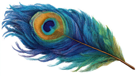 A close-up view displays a detailed peacock feather, showcasing a spectrum of blues, greens, and gold. The composition highlights the feather's texture and intricate patterns. The image suggests a clean, isolated presentation, suitable for various design projects and visual content creation. It is well-suited for both commercial and editorial applications.の素材