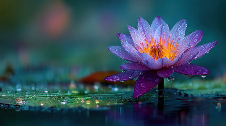 A close-up view presents a blooming water lily with striking purple petals and an orange center. Water droplets adorn the petals and surrounding water, enhancing the fresh appeal. The composition features a shallow depth of field, highlighting the flower against a soft, blurred backdrop, suggesting an outdoor natural environment. Suitable for artistic, decorative, or thematic applications.の素材
