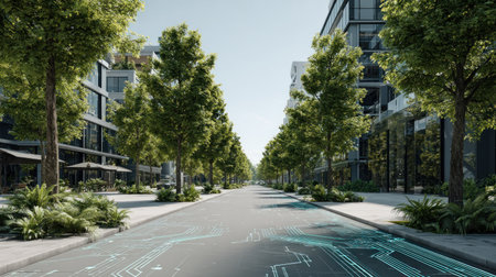 An urban street is lined with trees and modern buildings in the image. The photo showcases a contemporary architectural style with glass facades and detailed textures. The composition creates a sense of depth, with sunlight illuminating the scene, and it may be used for commercial projects.の素材