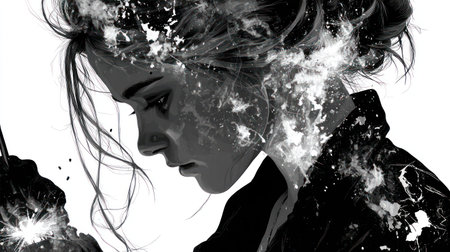This grayscale artwork depicts a woman in profile, featuring abstract patterns within her hair. The composition utilizes high contrast and artistic elements. Suitable for conceptual illustrations, the image could be used for various editorial and design projects. The style suggests a modern or contemporary aesthetic, with possible applications in print and digital media.の素材