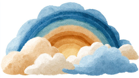 This watercolor illustration features a rainbow arching above fluffy clouds, set against a bright, blank background. The artwork uses a soft, pastel color palette with blue, yellow and white hues. The composition suggests an optimistic mood, suitable for diverse creative applications, including design projects.の素材