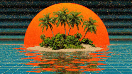 An illustration depicts a tropical island with palm trees against a large, orange sun. The image features a vibrant color palette, with water in the foreground and a grid pattern suggesting a retro aesthetic. This artwork is suitable for various applications, including print and digital media, and can be used to convey themes of travel or vacation.の素材
