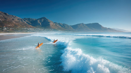 Two surfers glide across the cresting waves near a sandy beach. The image captures the dynamic motion and foamy texture of the water under clear, azure skies. Mountains form a backdrop, bathed in bright sunlight. This image could be suitable for various commercial or travel-related content.の素材