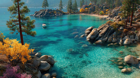 This image showcases a scenic lake with crystal-clear turquoise water, surrounded by rocky shores and verdant trees. The composition highlights the water's transparency and the natural beauty of the environment. Suitable for travel brochures, environmental projects, and illustrations related to nature's tranquility and beauty.の素材