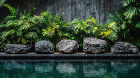 Five dark stones sit along a water edge, backed by dense, vibrant green foliage. The scene features natural textures and colors, with a contrast between the hard stones and soft plants. The composition suggests an outdoor environment, possibly a garden. Suitable for various design and decorative applications.の素材