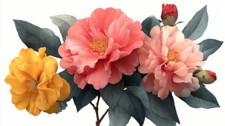 This watercolor illustration features a collection of blooming flowers with soft, layered petals. The composition includes varying shades of pink, yellow, and red blossoms set against muted green foliage. Suitable for various applications, this image could enhance designs.の素材