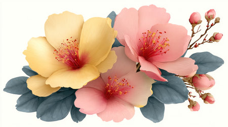 This watercolor illustration features a cluster of flowers in shades of yellow and pink, complemented by green leaves and buds. The soft, painterly style and vibrant colors suggest a delicate texture. Suitable for various design projects, it is ideal for decorative purposes, greeting cards, and editorial content.の素材