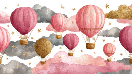 This watercolor illustration showcases a collection of pink and gold hot air balloons floating amongst stylized clouds and stars. The artwork employs soft color palettes and textured details, hinting at a whimsical, imaginative style. Suitable for decorative applications, the image could be adapted for a variety of designs and projects.の素材