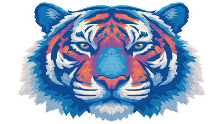 This colorful illustration presents a tiger's head, rendered in a striking array of blues, oranges, and purples. The artwork employs a graphic style, possibly vector-based, against a pristine white backdrop. This image could be suitable for various design applications, including print and digital media.の素材