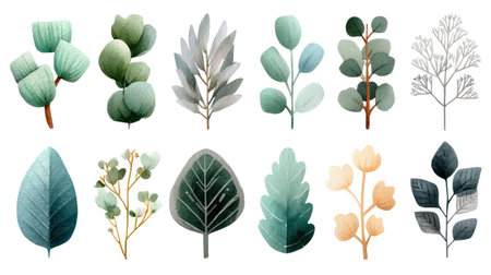 This collection features various watercolor botanical elements, including leaves and branches. Rendered in a soft, artistic style with hues of green, blue, and brown, the image showcases a white background. It could be useful for design projects, marketing materials, or decorative applications.の素材