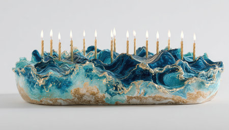 A birthday cake made of ocean waves, with blue and gold candles on top, against a white background, in the style of hyper-realistic photography. --ar 53:30 --v 7 Job ID: 70b3a377-0669-469f-bb6f-97b888a3bcd5の素材