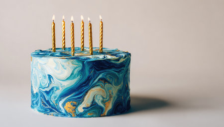 A birthday cake made of swirling blue and white frosting, with golden candles on top, against a plain background. --ar 53:30 --v 7 Job ID: d3ebe1d1-7177-457a-b63d-b91ad4ff7aa7の素材