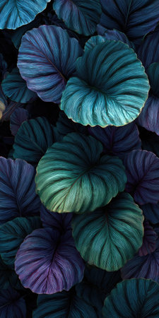 A background of large, dark green leaves with purple and blue accents, high-resolution, ultra-realistic photography. --ar 1:2 --v 7 Job ID: 679e01f8-3f32-4ad8-b49c-0fc5709ac977の素材
