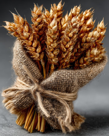 A bouquet of wheat sheaves tied together with twine, set against an isolated dark grey background. The ears of grain stand out vividly in the photograph, showcasing their natural texture and golden color. This composition creates a sense of simplicity and beauty that highlights both nature's artistry as well as marketable materials for use or decoration. --chaos 40 --ar 4:5 --stylize 750 --v 7 Job ID: d921bf96-2c6f-4797-94a3-8f0ac91d2035の素材