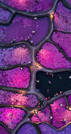A bird's-eye view of the rice paddy landscape, with bioluminescent lily pads glowing in shades of pink and purple on top of each pool of water. The vibrant colors create an otherworldly effect as they dance across the gently swaying plants. People can be seen swimming or sitting around these colorful pools, adding to their sense of wonder at such a unique natural spectacle. --ar 8:15 --v 7 Job ID: d99092a7-abd6-4931-a09a-5b13c32dc2f8の素材