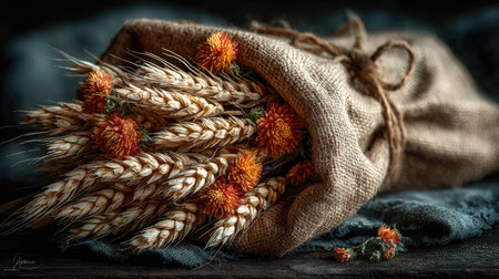 A bouquet of wheat sheaves tied together, against dark grey background, professional photography --chaos 30 --ar 16:9 --stylize 750 --v 7 Job ID: 00b135f6-5697-4d74-911d-8d01acb58a79の素材