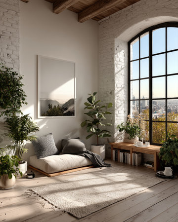 A blank poster frame on the wall of an empty room with white brick walls, wooden furniture, and plants. --chaos 40 --ar 4:5 --stylize 750 --v 7 Job ID: a4539948-7f53-460d-a371-7b89dcd32396の素材