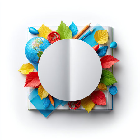 A blank white circle is surrounded by school supplies, leaves, and books. Vector-style, colorful design with a light background. In the center of an open book is a globe. There should be no text in any part of the illustration. The overall composition must convey a sense of joy for the back-to-work season and education. --chaos 40 --v 7 Job ID: ebd9b43b-ca53-446d-a495-29a331151703の素材