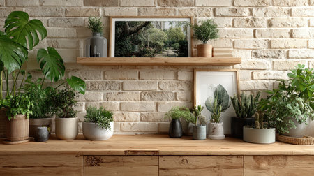 A blank poster frame on the wall of an empty room with white brick walls, wooden furniture, and plants. The frame is horizontally shaped in wood and is hanging from top to bottom. There should be no text or pictures inside the picture frame. It has warm lighting, and there should not be any other objects mixed into the shot. Use soft lighting to highlight the details of the frame and create depth. --chaos 30 --ar 16:9 --stylize 750 --v 7 Job ID: e6d49654-f89e-42f4-b15e-7961566cbda2の素材