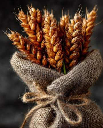 A bouquet of wheat sheaves tied together with twine, set against an isolated dark grey background. The ears of grain stand out vividly in the photograph, showcasing their natural texture and golden color. This composition creates a sense of simplicity and beauty that highlights both nature's artistry as well as marketable materials for use or decoration. --chaos 40 --ar 4:5 --stylize 750 --v 7 Job ID: d921bf96-2c6f-4797-94a3-8f0ac91d2035の素材
