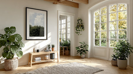 A black frame mockup hanging on the wall of an empty living room, with a side table, a plant, and natural light from the window. The minimalist interior design features white walls and a white ceiling, creating a bright, airy atmosphere. This is a close-up, high-resolution photograph. --chaos 30 --ar 16:9 --stylize 750 --v 7 Job ID: e54eb94c-cd4b-4a9e-b341-a62d45610a98の素材