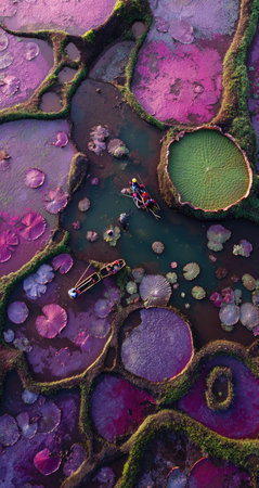 A bird's-eye view of the rice paddy landscape, with bioluminescent lily pads glowing in shades of pink and purple on top of each pool of water. The vibrant colors create an otherworldly effect as they dance across the gently swaying plants. People can be seen swimming or sitting around these colorful pools, adding to their sense of wonder at such a unique natural spectacle. --ar 8:15 --v 7 Job ID: d99092a7-abd6-4931-a09a-5b13c32dc2f8の素材