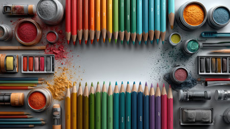 A blank white circle surrounded by school supplies, in a clip art style, isolated on a white background. --chaos 30 --ar 16:9 --stylize 750 --v 7 Job ID: 30d967a3-96b6-443f-8ca0-cf49093d1604の素材