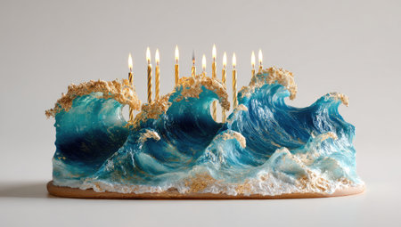 A birthday cake made of ocean waves, with blue and gold candles on top, against a white background, in the style of hyper-realistic photography. --ar 53:30 --v 7 Job ID: 70b3a377-0669-469f-bb6f-97b888a3bcd5の素材