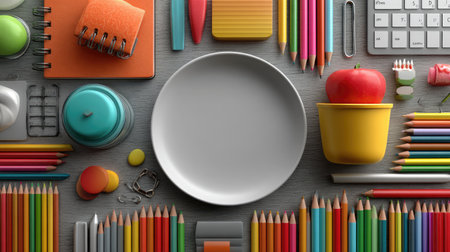 A blank, round, white circle in the center of a clipart image, surrounded by school supplies on a transparent background with white space around the clip art elements. --chaos 30 --ar 16:9 --stylize 750 --v 7 Job ID: 7af98be6-1827-484c-b9d4-60b5c467ae62の素材