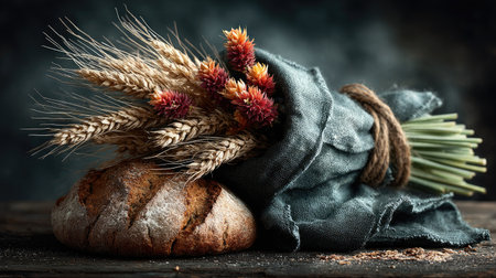 A bouquet of wheat sheaves tied together, against dark grey background, professional photography --chaos 30 --ar 16:9 --stylize 750 --v 7 Job ID: 00b135f6-5697-4d74-911d-8d01acb58a79の素材