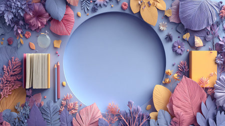 A blank white circle surrounded by school supplies and leaves, a vector graphic design style with an open book in the center of it. --chaos 30 --ar 16:9 --stylize 750 --v 7 Job ID: 92196f2e-2c52-41ca-9767-53c5ca99f02cの素材