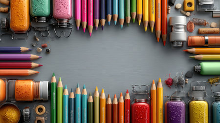 A blank white circle with school supplies around the outside of it, in the style of clip art. --chaos 30 --ar 16:9 --stylize 750 --v 7 Job ID: 340a7091-2240-4dc0-9a6c-de9940e3bac7の素材