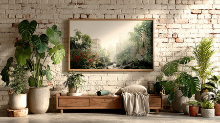 A blank poster frame on the wall of an empty room with white brick walls, wooden furniture, and plants. The frame is horizontally shaped in wood and is hanging from top to bottom. There should be no text or pictures inside the picture frame. It has warm lighting, and there should not be any other objects mixed into the shot. Use soft lighting to highlight the details of the frame and create depth. --chaos 30 --ar 16:9 --stylize 750 --v 7 Job ID: e6d49654-f89e-42f4-b15e-7961566cbda2の素材