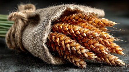 A bouquet of wheat sheaves tied together, on dark grey background, professional photography --chaos 30 --ar 16:9 --stylize 750 --v 7 Job ID: 1ec90284-9832-4ada-821c-f74062866d64の素材