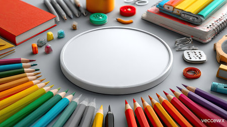 A blank white circle surrounded by school supplies, vector art illustration, clipart on a white background. --chaos 30 --ar 16:9 --stylize 750 --v 7 Job ID: ee66d778-79cc-4b52-9964-7459021e71eaの素材