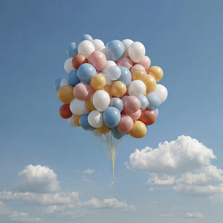 A bunch of colorful balloons floating in the sky, a summer day, a mobile wallpaper, hyper-realistic photography. --chaos 40 --v 7 Job ID: 8e94401f-8e1c-4fce-9fa8-9c6a573ae30bの素材