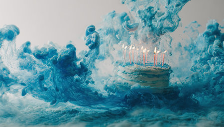 A cake with candles, with ocean waves made of smoke and blue liquid swirling around it, creating an ethereal atmosphere. The white background enhances the overall effect. --ar 53:30 --v 7 Job ID: 1b210306-eaa2-4f95-a2c7-acbf082fc767の素材