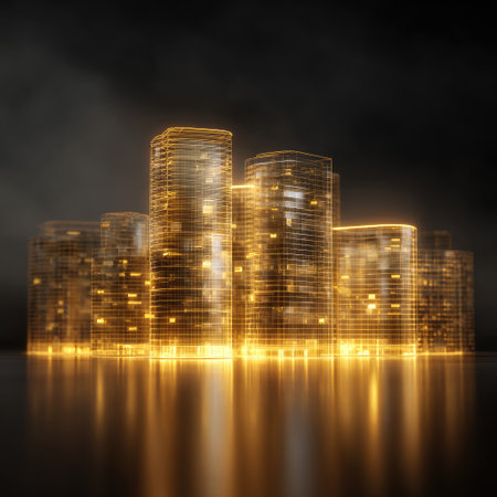 A city skyline made of a golden wireframe hologram, with buildings glowing golden against the dark background. The buildings should be detailed and realistic in appearance, showcasing various architectural styles like skyscrapers or high-rises. There is an urban street layout visible under each building's glow, indicating that they form part of a bustling metropolis. This design would emphasize modernity and luxury within the context of opulence. --chaos 40 --v 7 Job ID: 778f7f5b-d63c-4e3d-86f0-35d2b0dca6ebの素材
