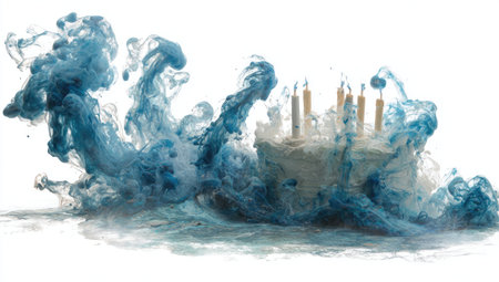 A cake with candles, with ocean waves made of smoke and blue liquid swirling around it, creating an ethereal atmosphere. The white background enhances the overall effect. --ar 53:30 --v 7 Job ID: 1b210306-eaa2-4f95-a2c7-acbf082fc767の素材