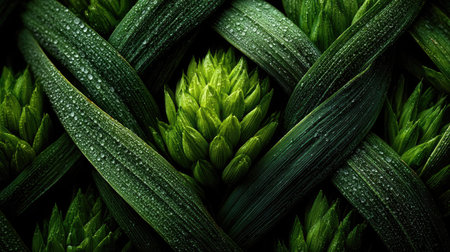 A close-up of the texture and pattern on fresh green leeks, with each leaf woven into an intricate wicker-like basket in a geometric cross shape. The leaves have a crisp green color that stands out against their soft, curved edges. This background is perfect for highlighting your logo or design elements, adding depth to the overall composition. --chaos 30 --ar 16:9 --stylize 750 --v 7 Job ID: f0443da2-8aa2-46e5-9410-0f2dcaac4497の素材