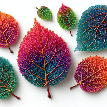 A close-up photo of colorful tulle fabric in the shape of leaves, on a white background. --chaos 40 --v 7 Job ID: 71e6e88c-884c-49de-a2f2-d1cd9e6ff9fbの素材